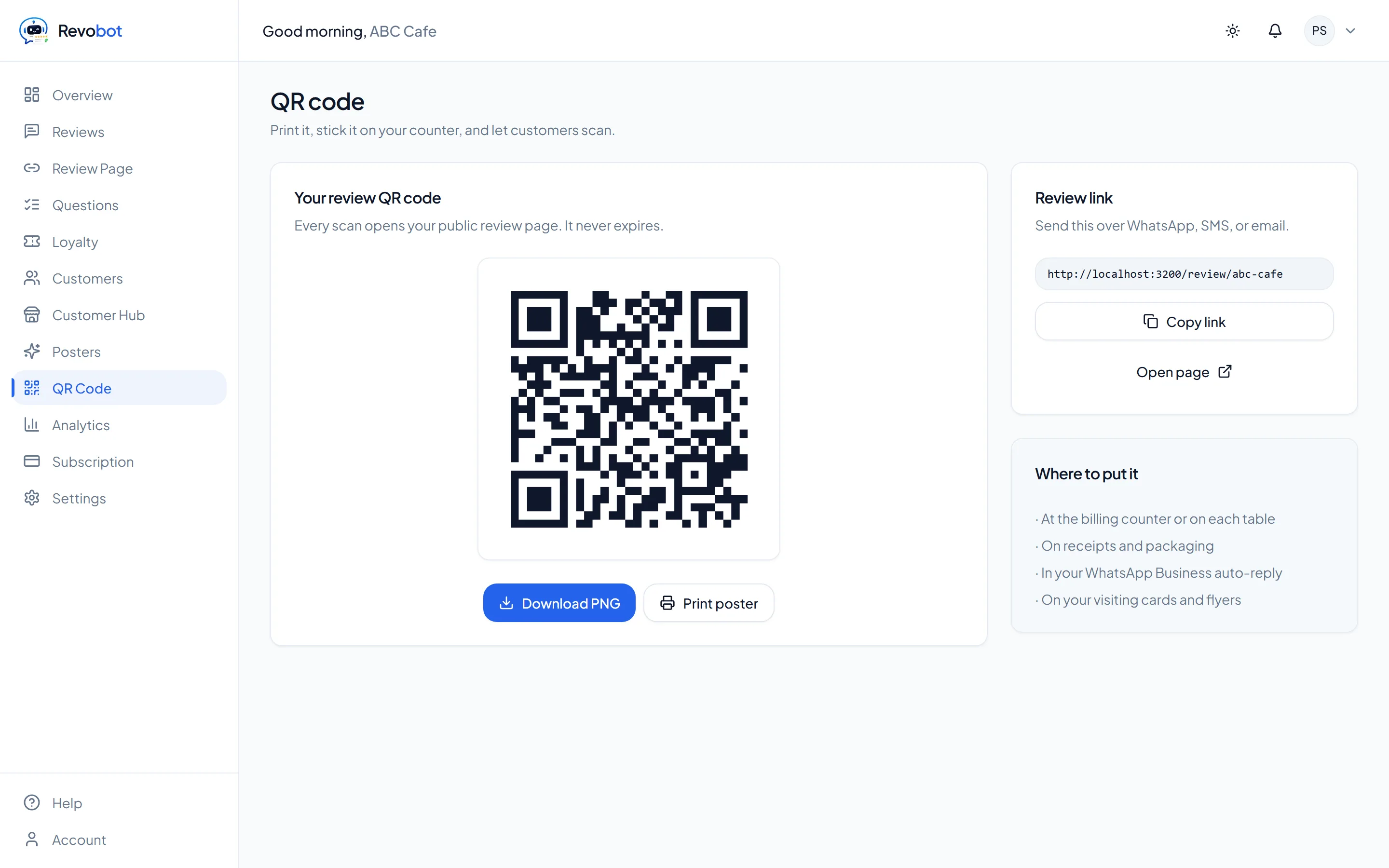The QR code screen in Revobot, showing a printable review QR code for the business with download and print controls.