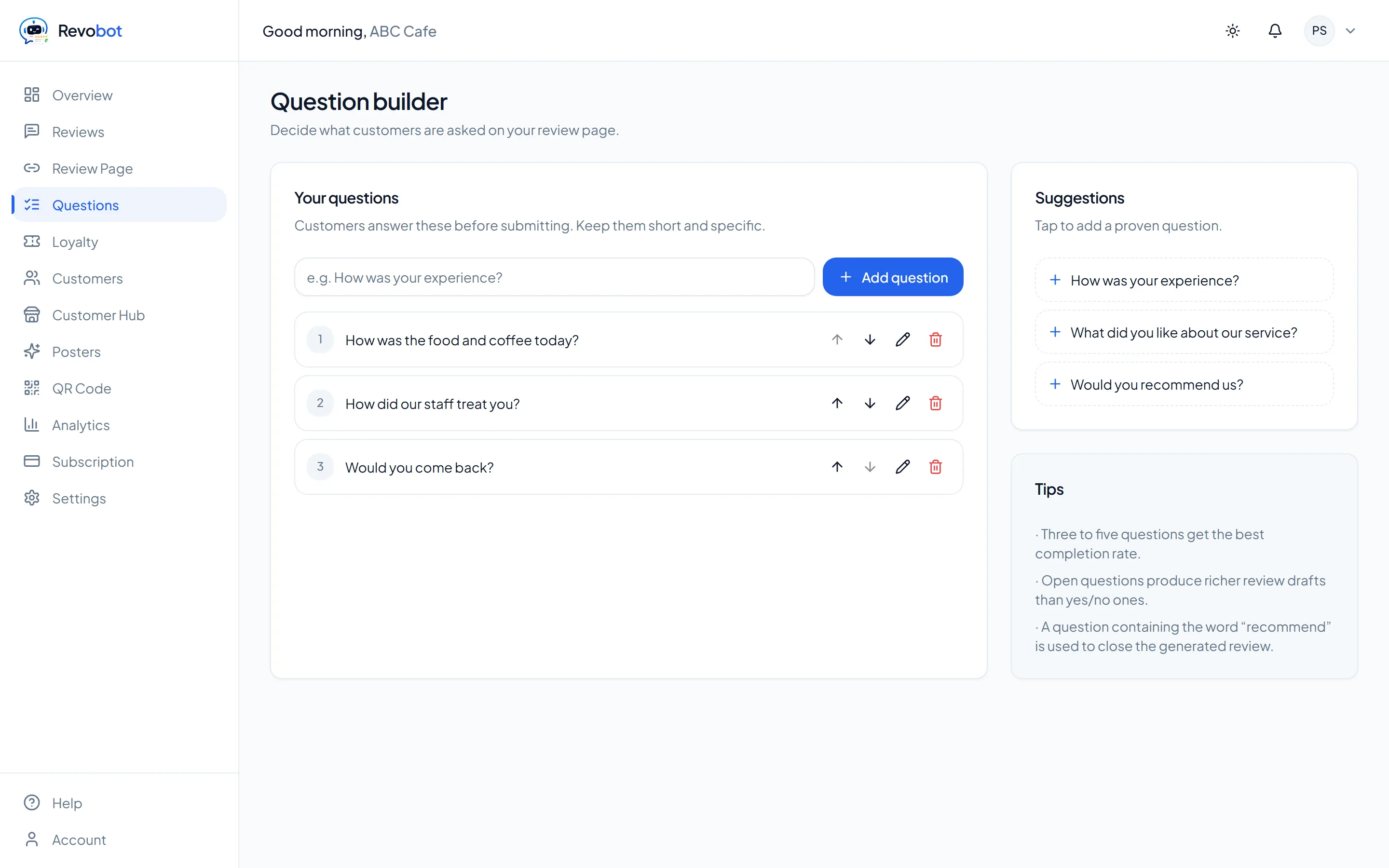The question builder in Revobot, listing the questions a business asks its customers with controls to add, edit and reorder them.
