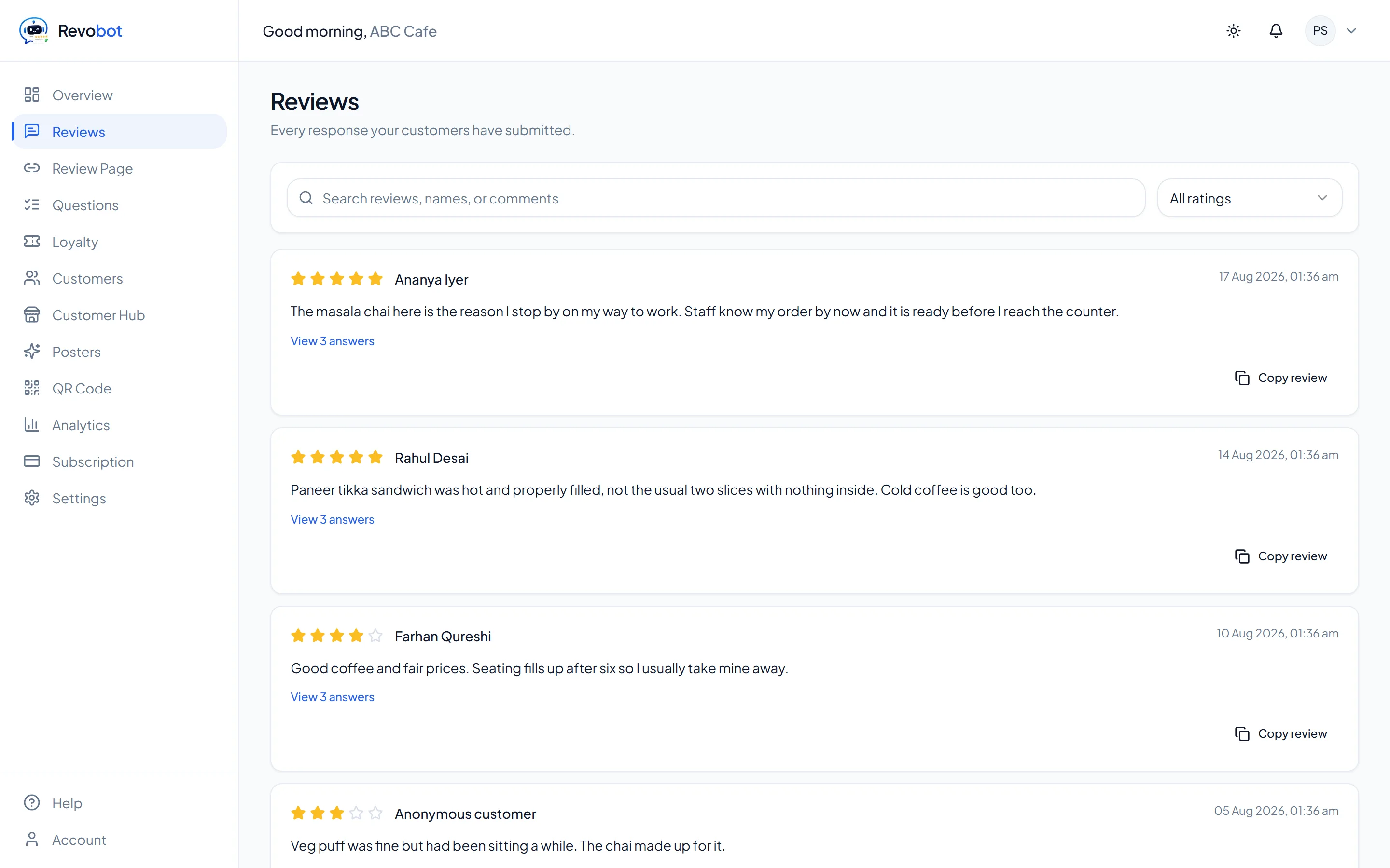 The reviews screen in Revobot, listing customer responses with star ratings and the answers each customer gave.