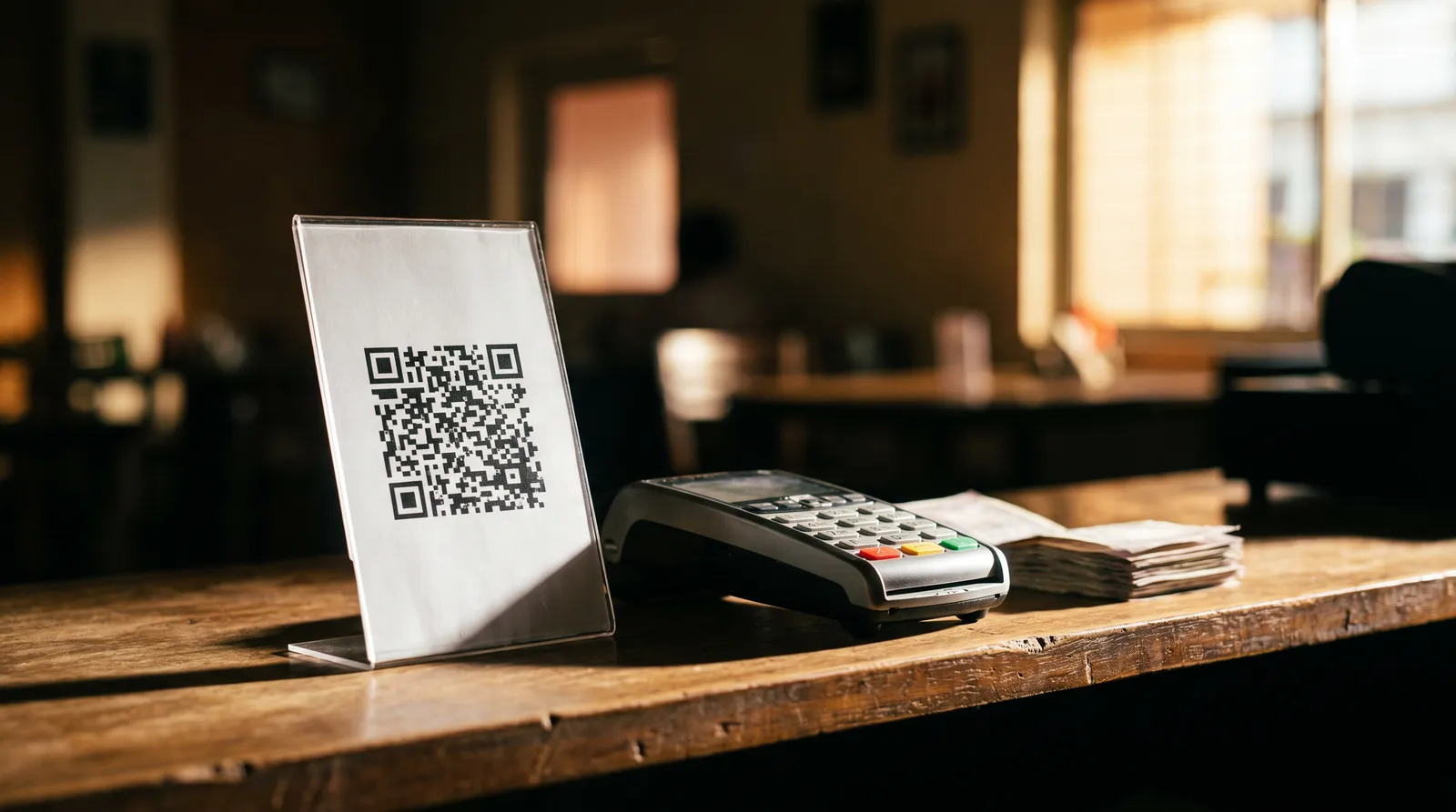 A printed QR code in a small acrylic table-tent standee on a wooden café counter, next to a card payment machine and a stack of paper bills, lit by afternoon light from the shopfront window.